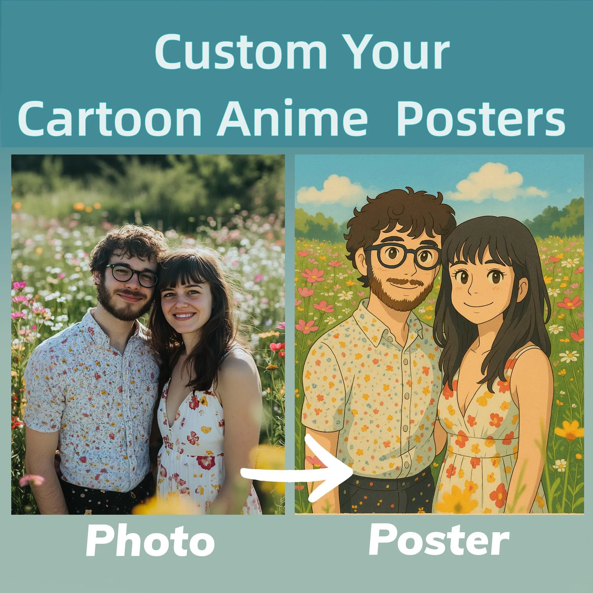 Custom Cartoon Style Portrait Poster from Your Photo Personalized Anime Art Canvas Print Inspired Wall Decor Christmas Gift