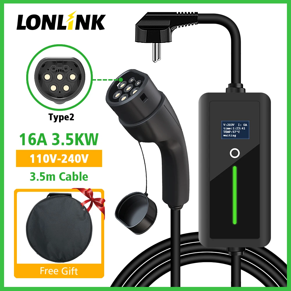 

LONLINK EV Portable Charger Type2 3.5KW Adjustable Current 16A 3.5Meter EU Plug Wallbox for Electric Vehicle Car