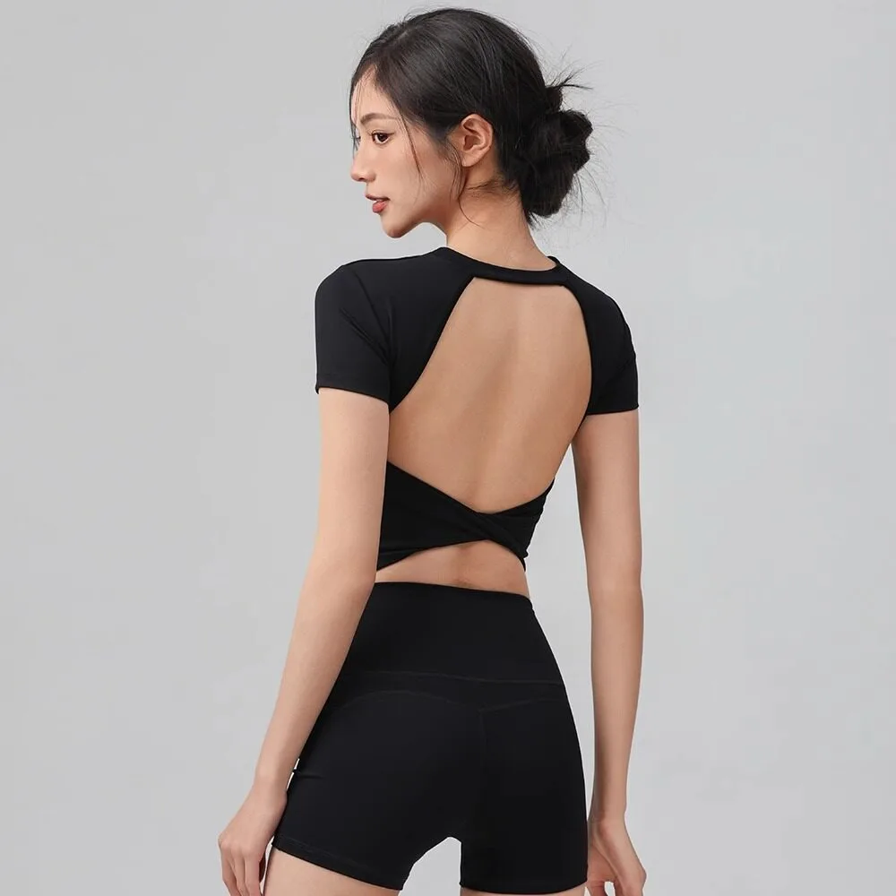 

Women's Backless Sports Top Summer Fixed Chest Pad Sports Vest Fitness Wear Pilates Yoga Shirts Short Sleeve