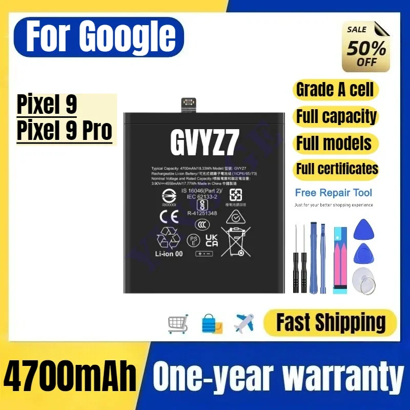 GVYZ7 for Google Pixel 9/Pixel 9 Pro Phone Battery High Quality High Capacity Battery Replacement Bateria Grade A Cell with Tool