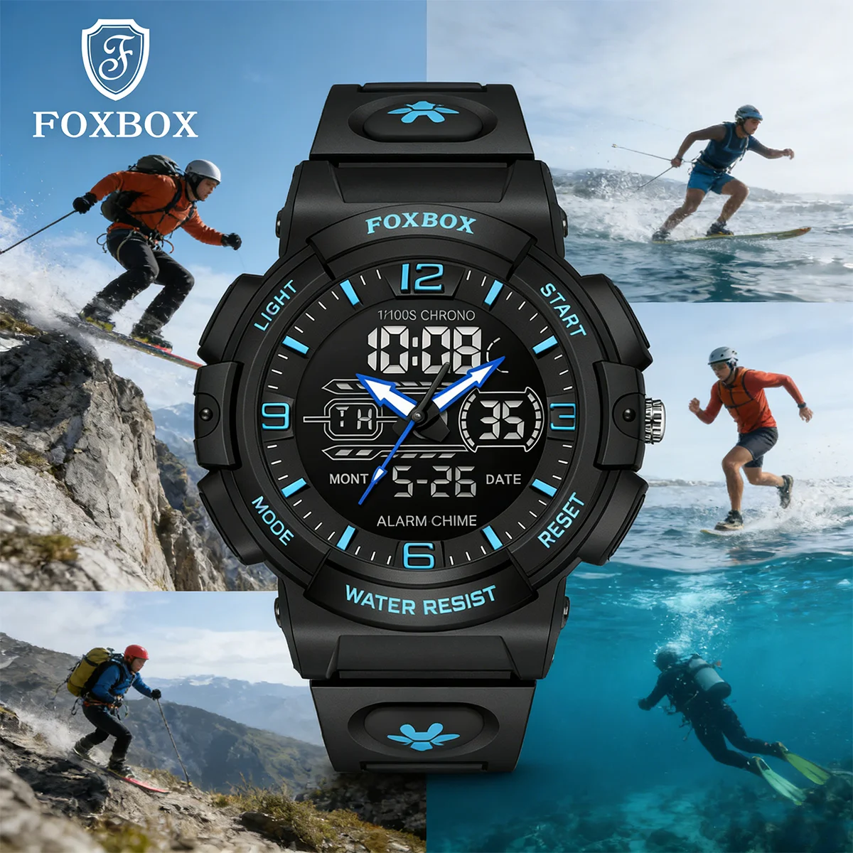 FOXBOX New Military Watches For Men Waterproof Clock Alarm reloj hombre LCD Dual Display Wristwatch Quartz Sports Mens Watches