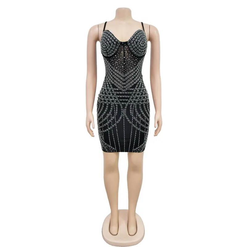 Vestido de aniversário com diamantes de cristal brilhante para mulheres, festa noturna, malha transparente, alça espaguete, natal, baile, bodycon, vestidos de clube