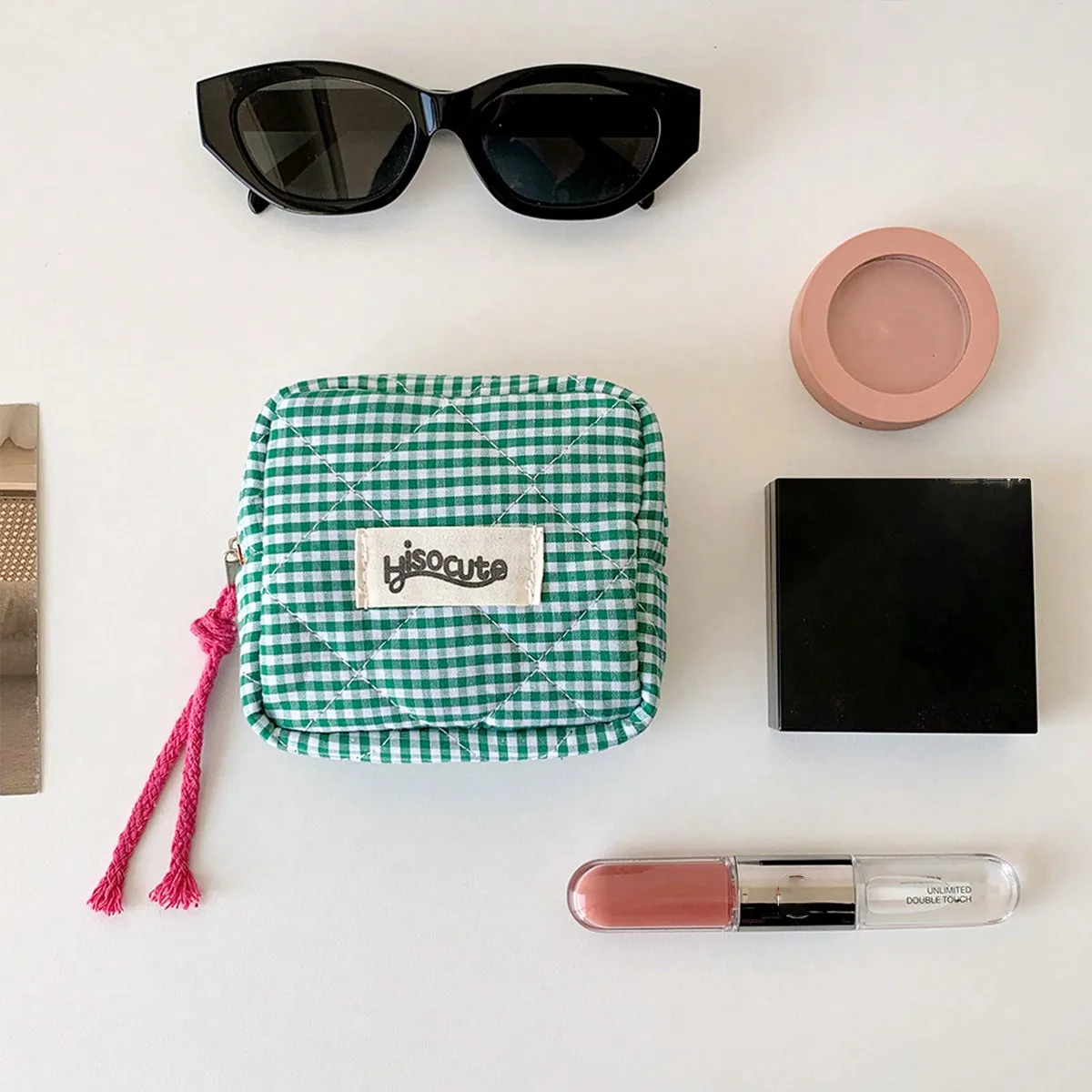 Chic Mini Plaid Multifuctional Storage Bag Minimalist Checkered Polyester Cosmetic Pouch Small With Tassel Zipper Coin Purse