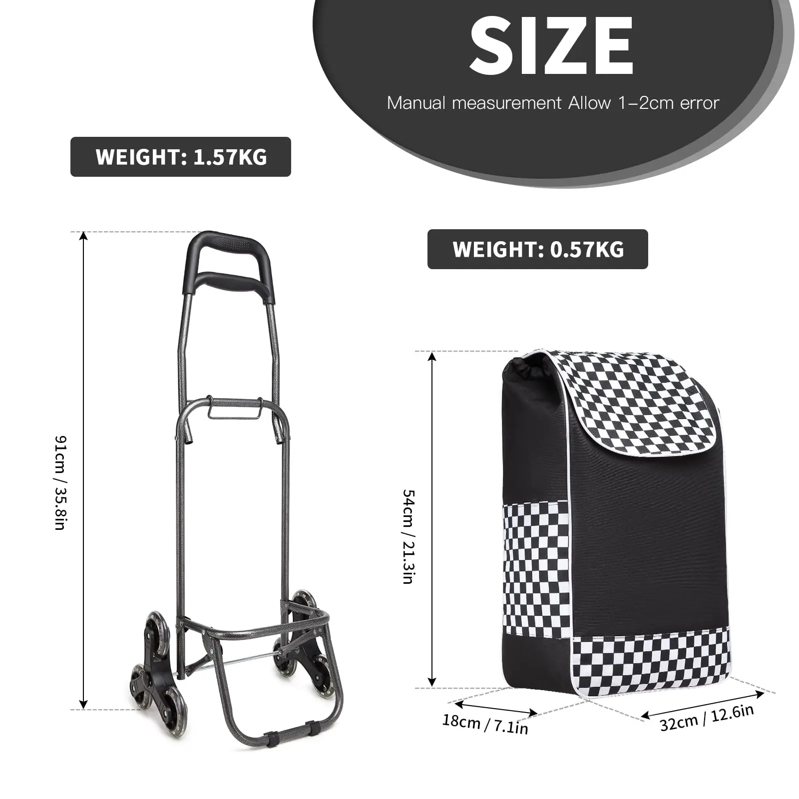 Kono 2-in-1 Folding Shopping Trolley: Lightweight, Waterproof Cart with 6 Large Noiseless Wheels and Detachable Stair Climbing F