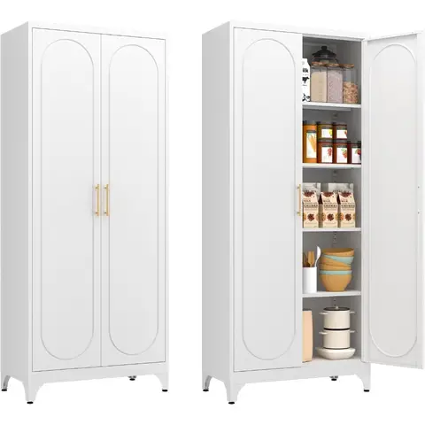White Kitchen Pantry Cabinet, 75" Tall Metal Pantry Storage Cabinet with Doors and Adjustable Shelves, Food Pantry Cabinets with