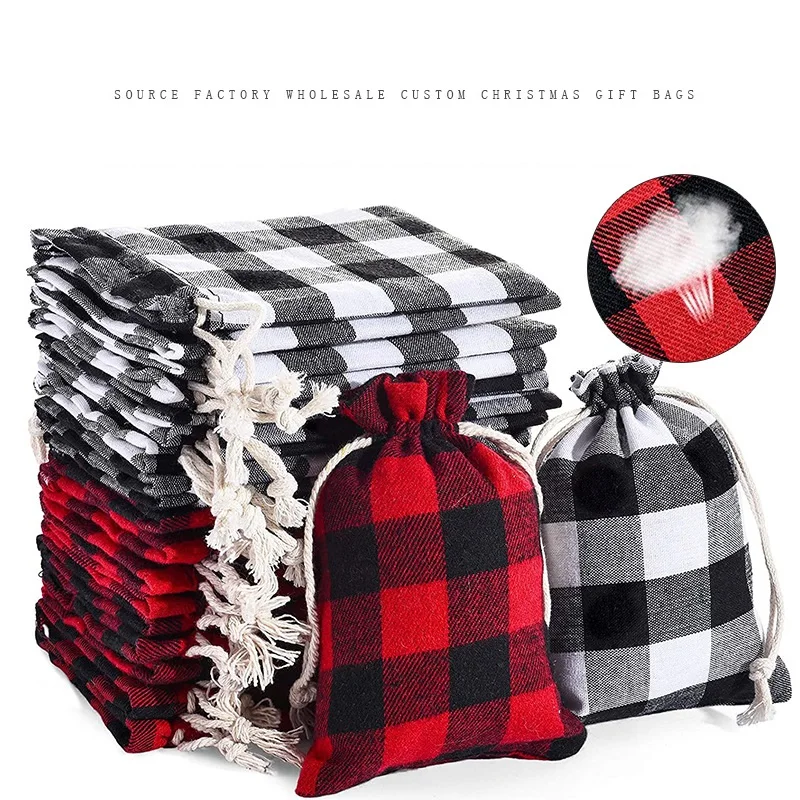 50pcs/lot 10*14cm Plaid Burlap Drawstring Bag Cotton Pouches Christmas Candy Small Gift Packaging Bags Wholesale