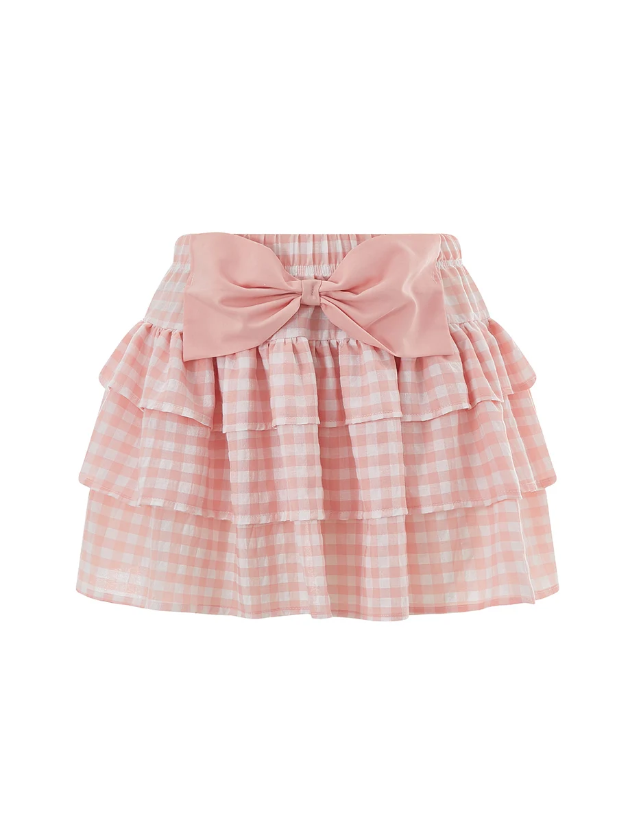 Women's Summer Mini Plaid Skirts Bow Decorated Tiered Skirt for Daily Travel Parties