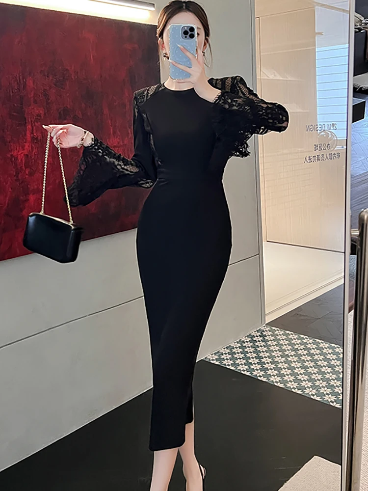2025 Black Patchwork Lace Long Sleeve Maxi Dress Women Vintage Hepburn Prom Clothes Autumn Winter Korean Elegant Luxury Vestidos