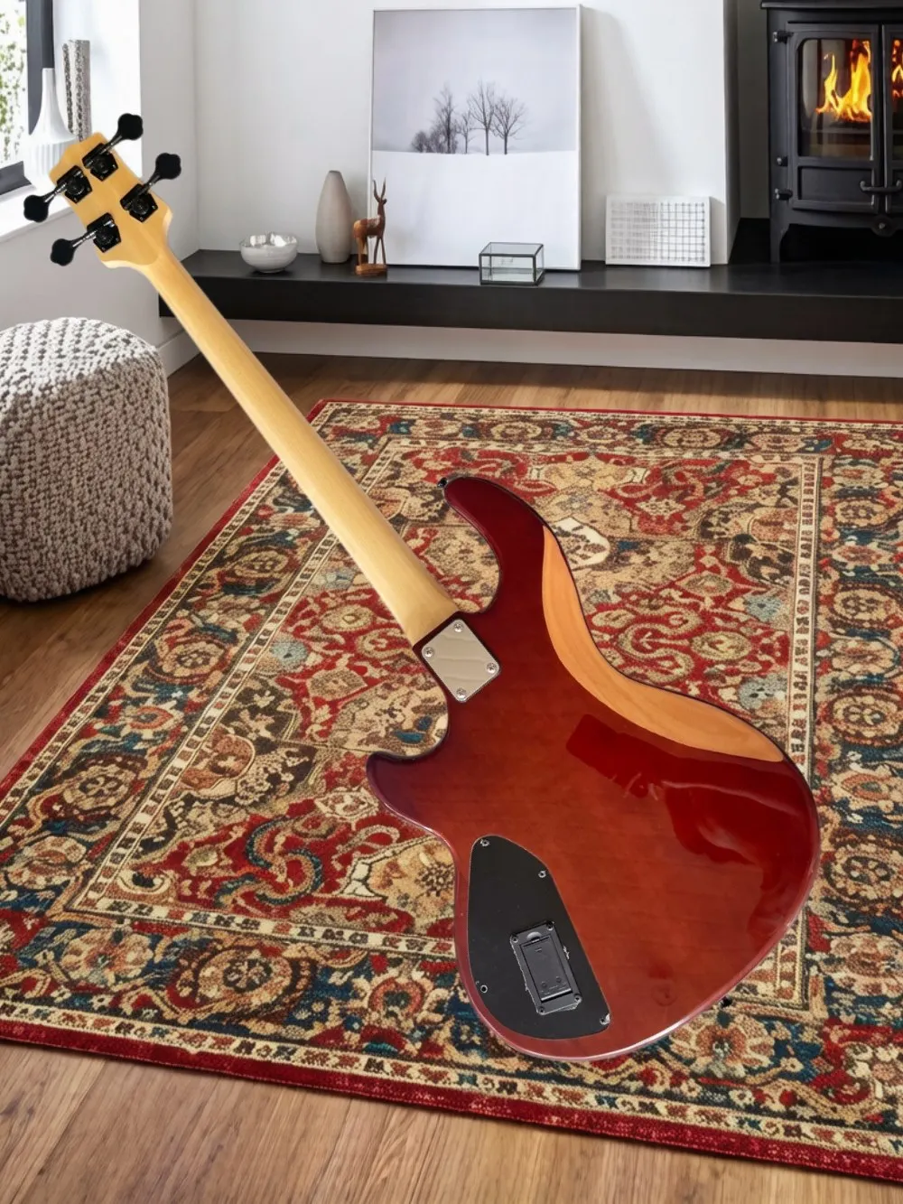 4 string brown bass guitar high-quality bridge, solid wood body, rosewood fretless fingerboard, active and passive switching