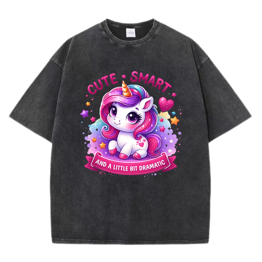 

Cute Smart Unicorn Cartoon Prints Washed T-Shirt Men Summer Casual Cotton T Shirts Breathable Soft Tops Trendy Oversize Clothing