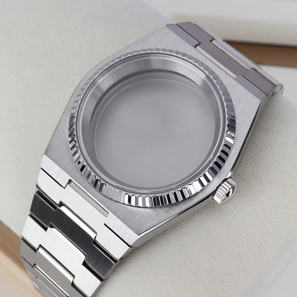 Fluted Curved 40mm Silver NH35 Watch Case bands Sapphire Glass For PRX Super Player Mod Case Fit NH35 NH36 NH34/38 NH70 Movement