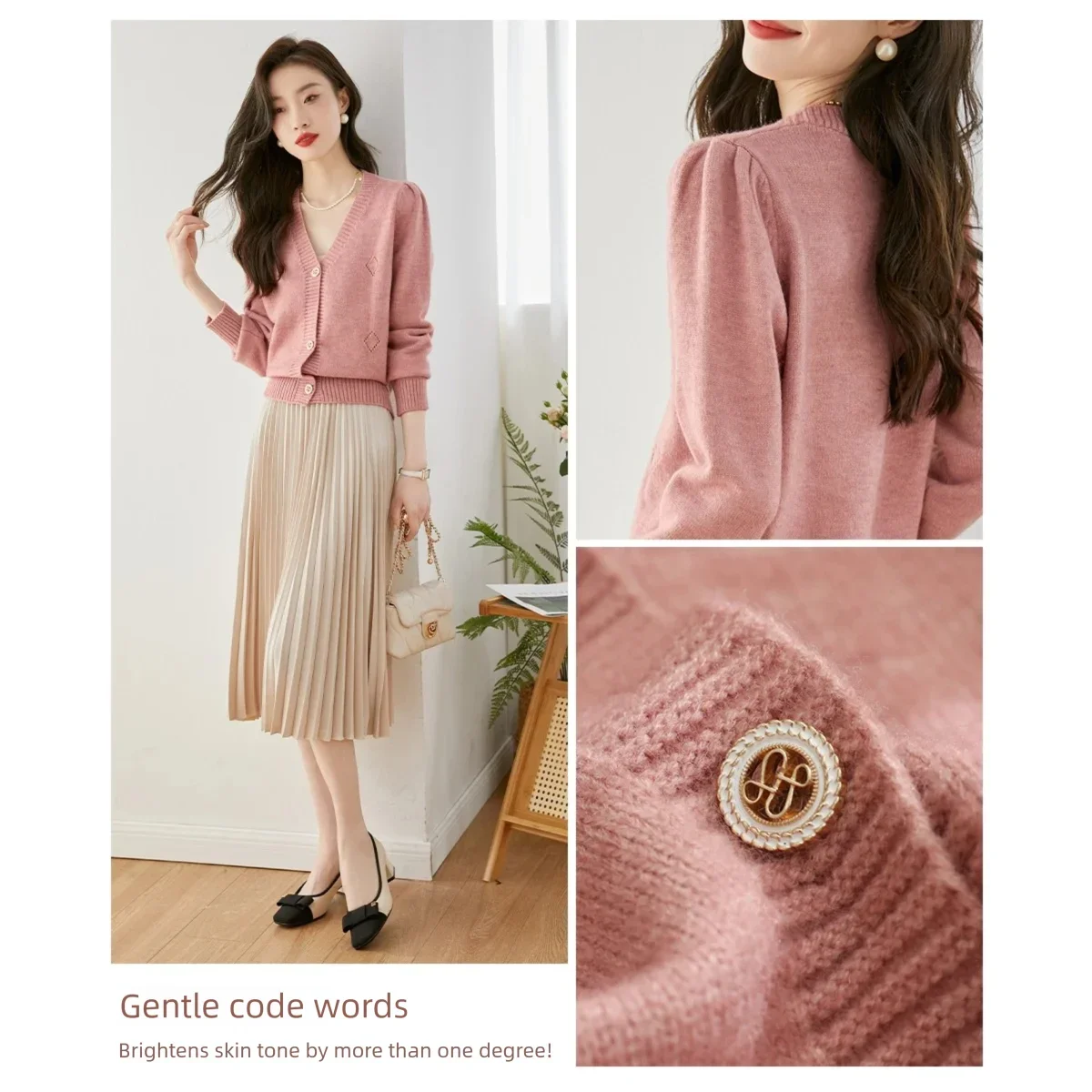 VIMLY Women's Pink V-neck Cardigan 2026 Fall New French Elegant Sweaters Sweet Fashion Long Sleeve Knitted Tops Female 72508 view 5