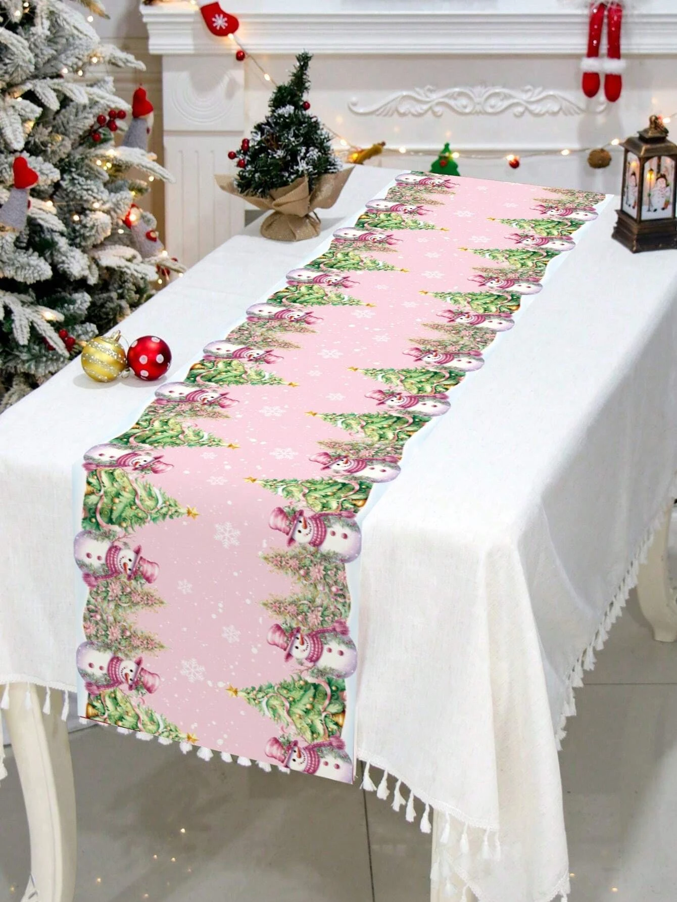 

1 Christmas Snowman Tree Printed Pink Table Runner Festive Home Decor Christmas Dining Table Decoration Charming Durable Holiday