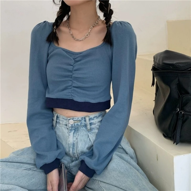 Square Neck Puff Sleeve T-shirt Women Spring 2024 New Short Long Sleeve Korean Slim Tops Female Crop Top Women