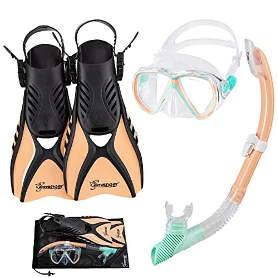 

Snorkeling set for ocean use: silicone mask in blue, soft-flex dry snorkel, adjustable open-heel fins, twin-lens design, anti-f