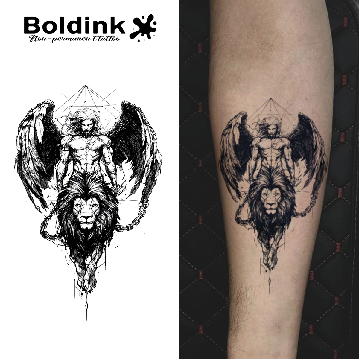 

Boldink non-permanent tattoo technology Angel Lion inspired design Dark personality tattoo waterproof lasts for 1-2 weeks.