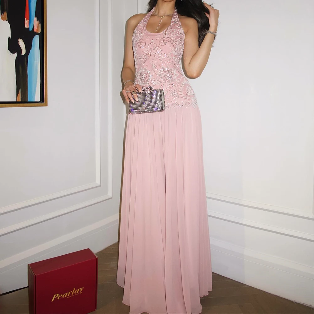 

Customized A-line Evening Dresses Floor-length Scoop-neck Sleeveless Prom Gown Fashion Sequined Crystal Simple Draped Party Gown