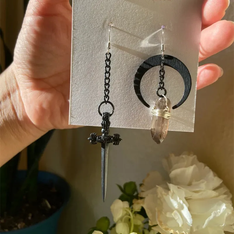 Gothic Smokey Quartz Crystal Moon and Sword Asymmetric Dangle Earrings Celestial Statement Handmade Jewelry Women Gift