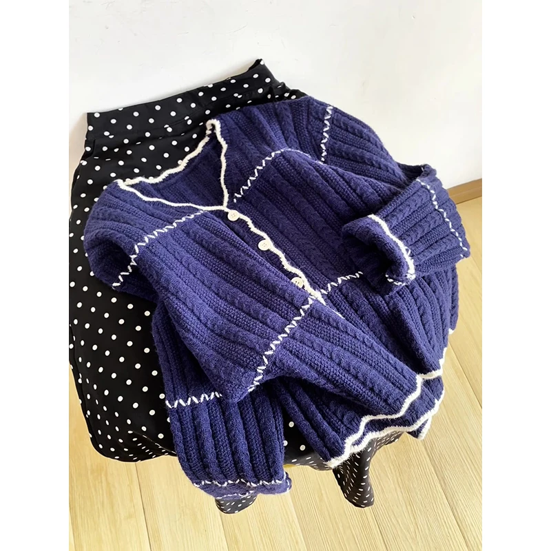 الرجعية k الأزرق V-Ne محبوك سترة مفتوحة المرأة الخريف الشتاء جديد Sle الكورية Sle Ele معطف سترة ناعمة #5