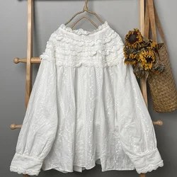 Vintage Cotton Floral Embroidery Layered Ruffled Lace Blouse Female Rococo Victorian Retro Chic Cottagecore White Shirt Tops