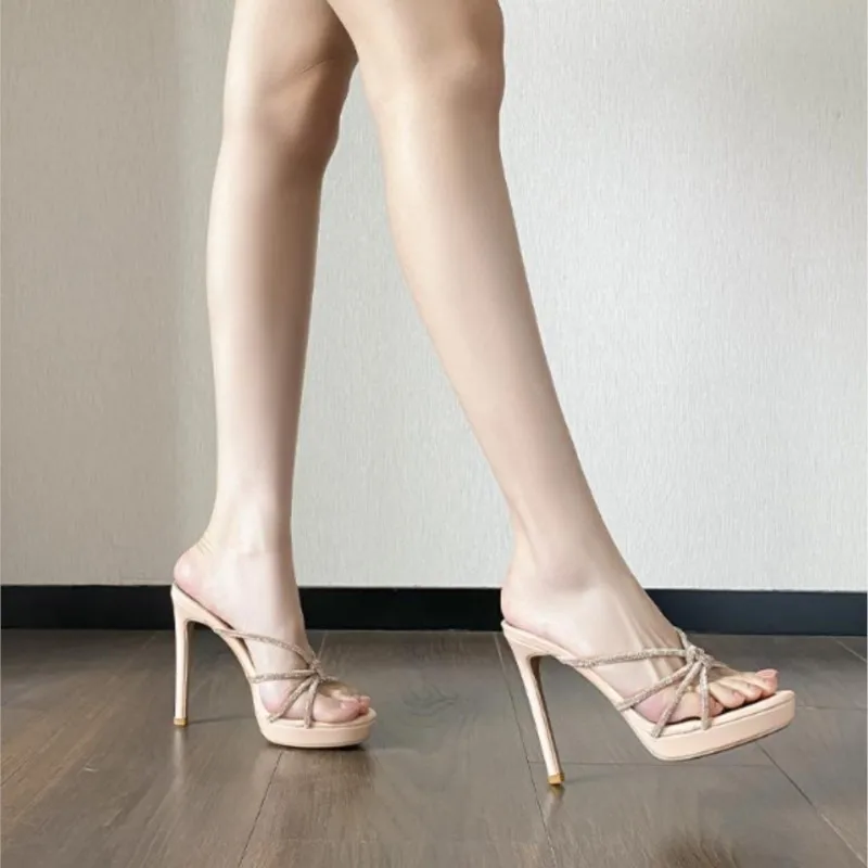 2026 Summer New Style Strappy Waterproof Platform Beaded Open-Toe Nude High Heel Sandals for Women