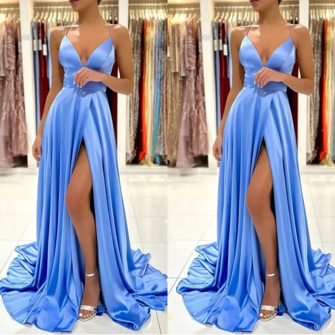 Robes de RhA-ligne bleu ciel clair, satin, longueur au sol, plis, dos nu, fente latérale haute, soirée formelle, quelle que soit la coutume