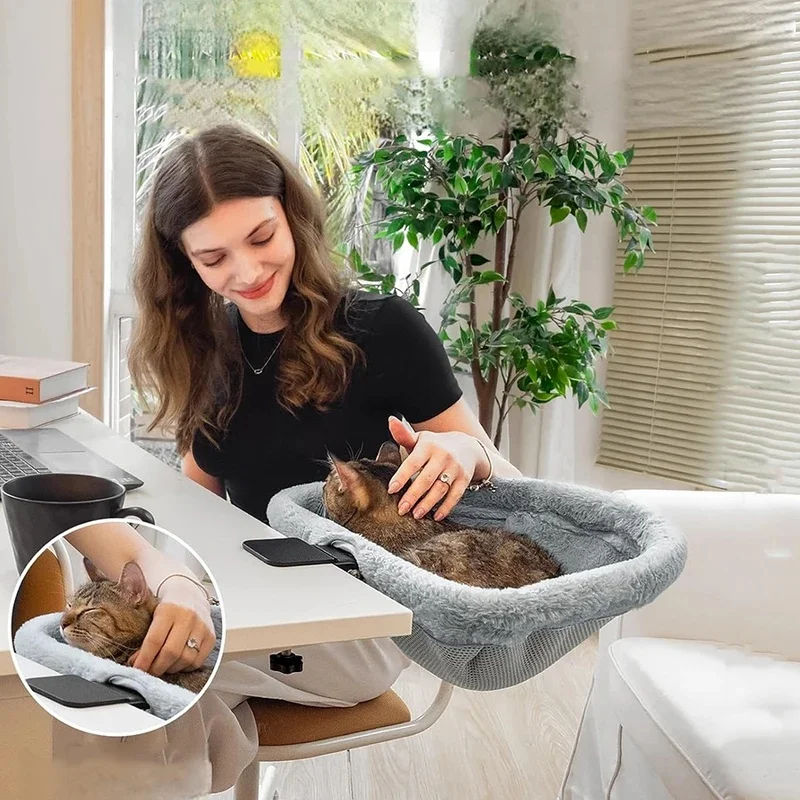 One-Click Folding Semi-Circular Cat Desk Hammock, Space Saving Sunken Design Cat Bed Perch for Indoor Home Office Kitten Rest view 3