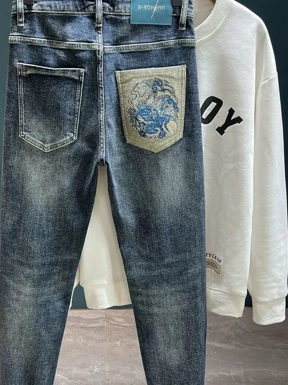 

Autumnal Premium Embroidered Slim Fit Men's Jeans Elastic Ripped Long Trousers Casual Sle mid Waist Zipper Closure
