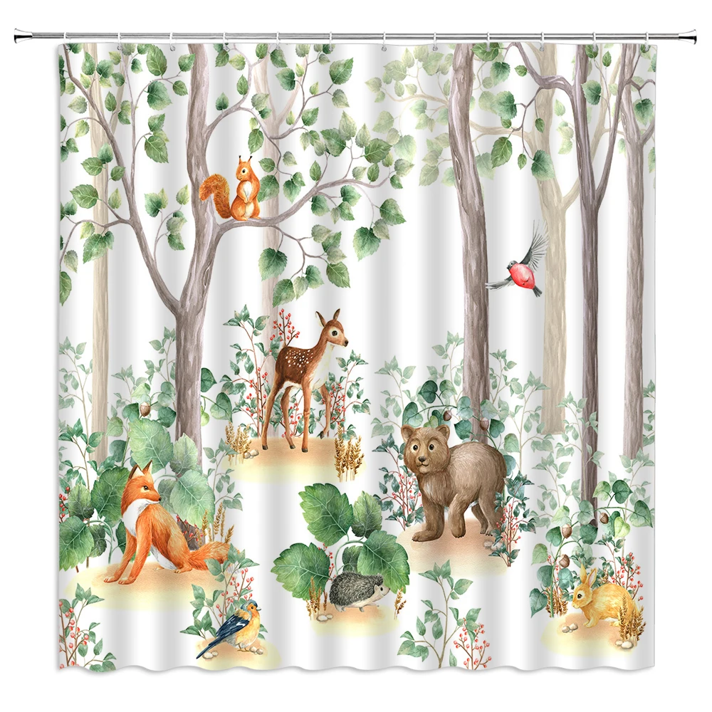 Forest Natural Scenery Shower Curtain Woodland Plant Trees Landscape Wild Animals Bear Deer Fox Bathroom Decor Fabric Curtains