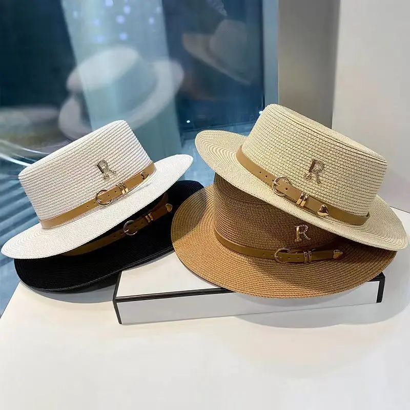 Trendy Luxury Designer Belt Buckle Flat Top Hat Summer Ladies Travel Sunshade Big Brim Straw Hats Retro Women Casual Bucket Cap