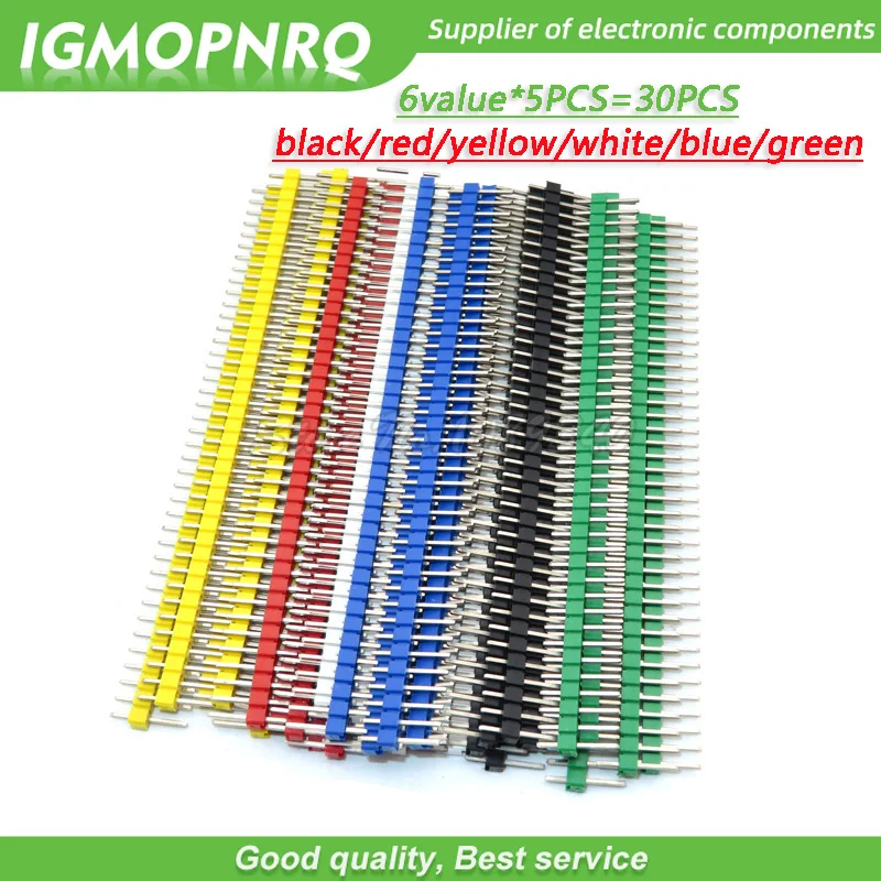 6value*5PCS=30PCS 1x40 Pin 2.54 black/red/yellow/white/blue/green Round Header connector Single inline row needle seat  IGMOPNRQ