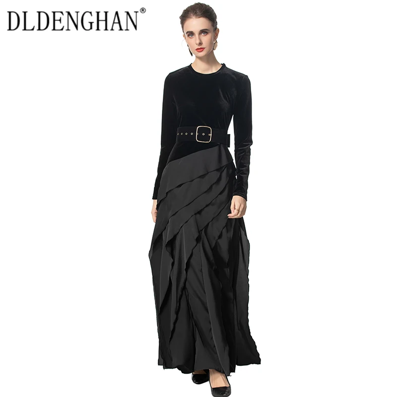 

DLDENGHAN Autumn Velvet Patchwork Black Dress For Women O-Neck Long Sleeves Sashes Vintage Party Long Dresses Fashion Runway New