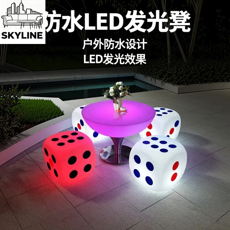 Factory Waterproof LED Luminous Cube Stool & Round Bar Table Set, Outdoor KTV High Table Furniture