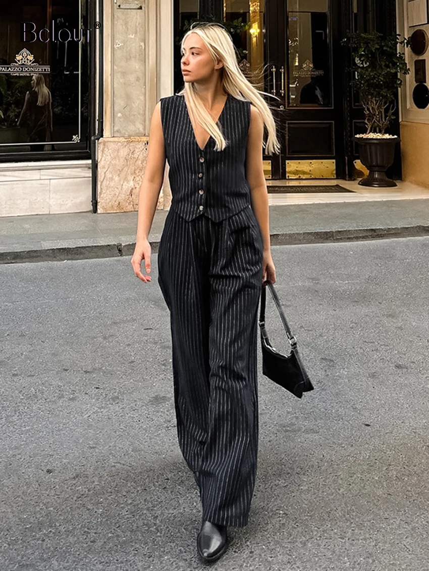 Bclout Fashion Striped Black Pants Sets Womens 2 Pieces 2024 Summer V-Neck Office Lady Tops Vintage Pleated Straight Pants Suits