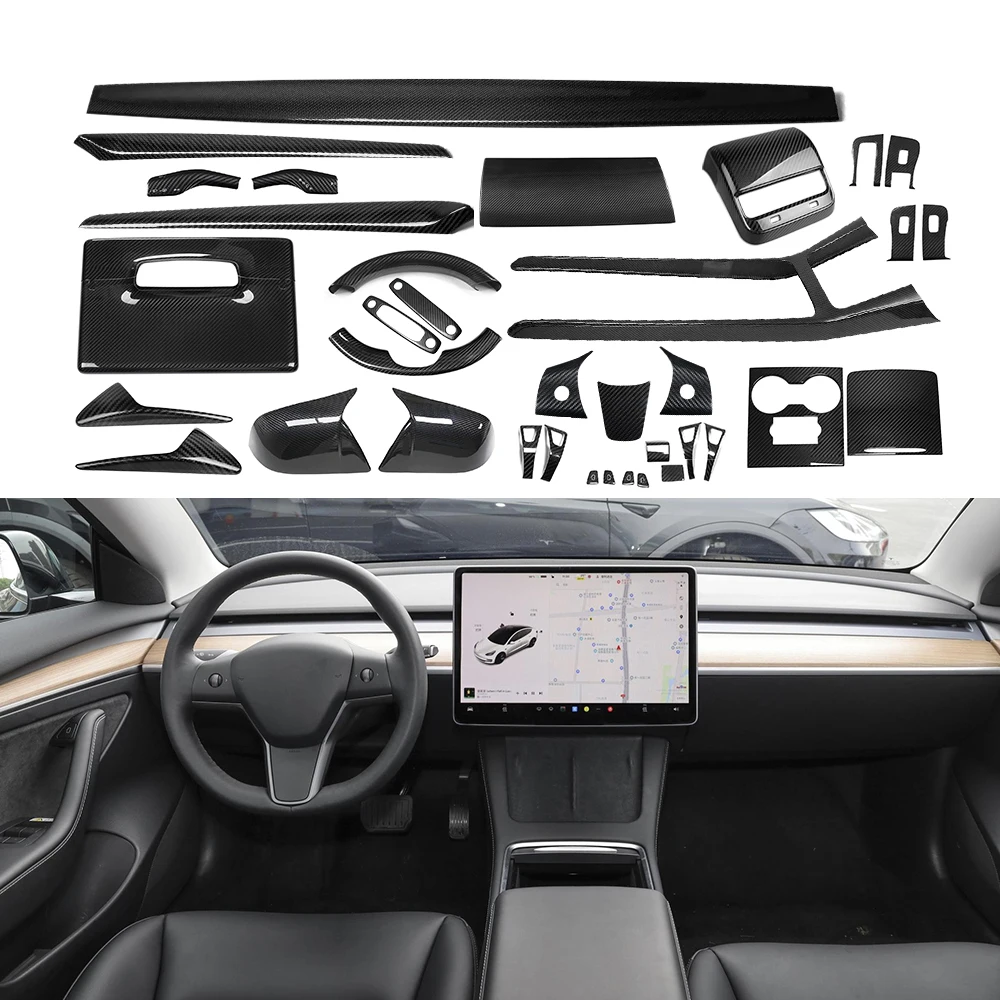 For  Model 3 Real Carbon Fiber Interior Kits Center Console Cover Model Y Dashboard Door Strip Trim 2020 2021 2022custom