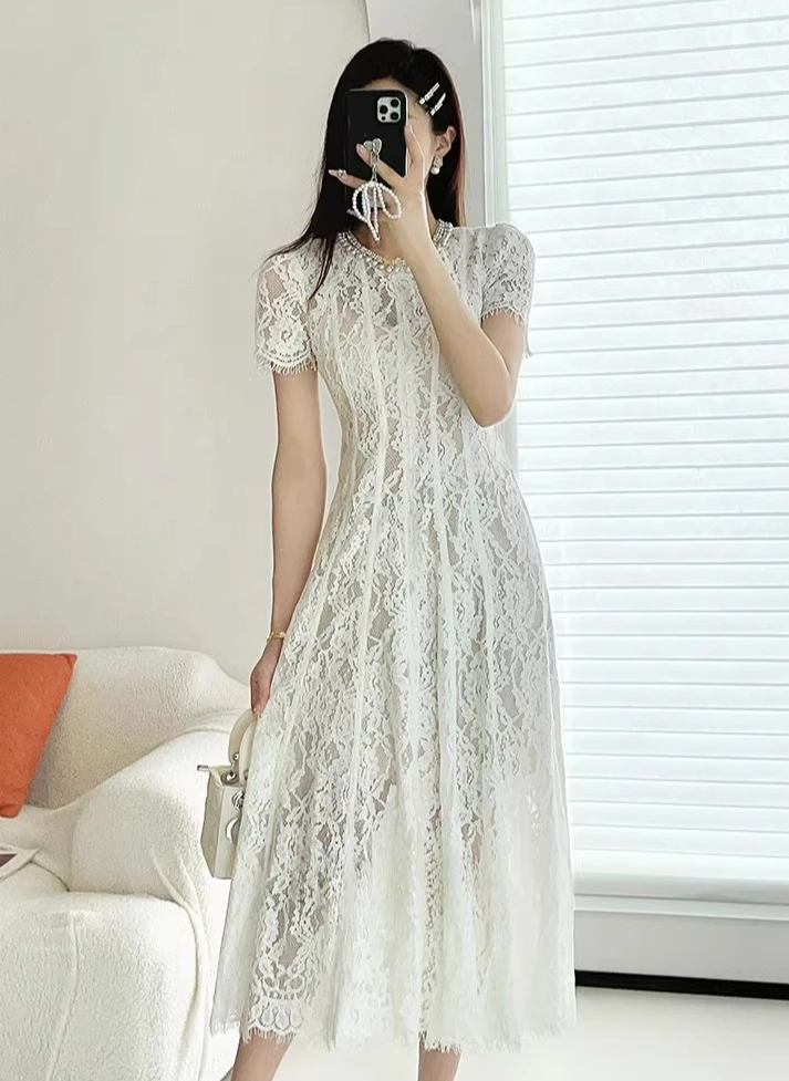 

White Lace Beading Pearl Dress Women Elegant Short Sleeve Patchwork Clothing Lady Streetwear Runway Design Vestidos Bodycon