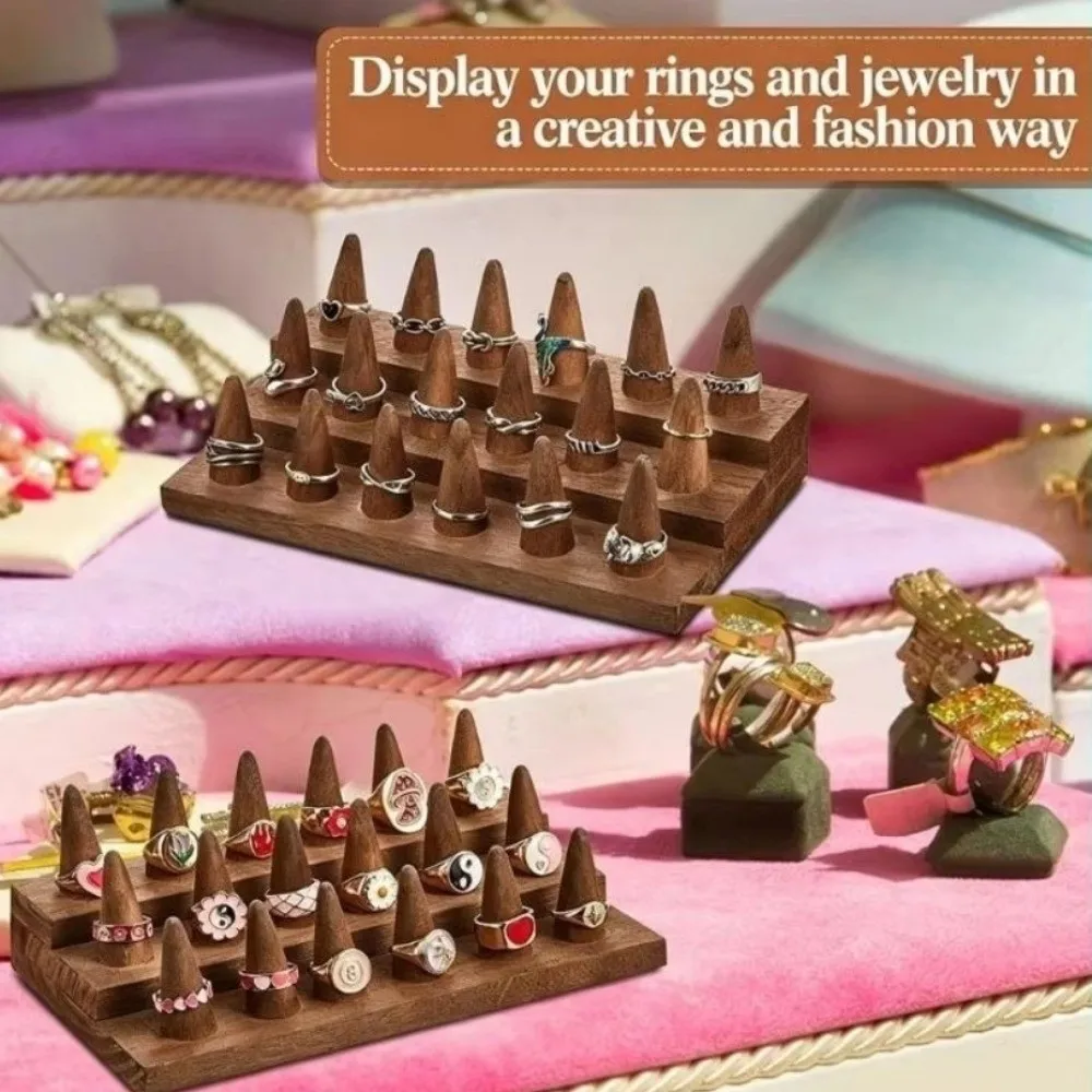 12 /18 Fingers Wooden Finger Ring Display Stand 2/3 Tiers Cone Shape Jewelry Ring Display Holder Wooden Storage Rack