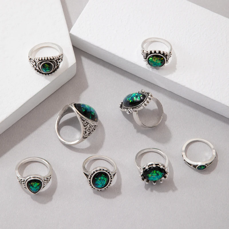 Tocona New Vintage Black Color Opeal Stone Water Drop Ring Sets for Women Men Trendy Geometry Party Jewelry кольца 8pcs/set