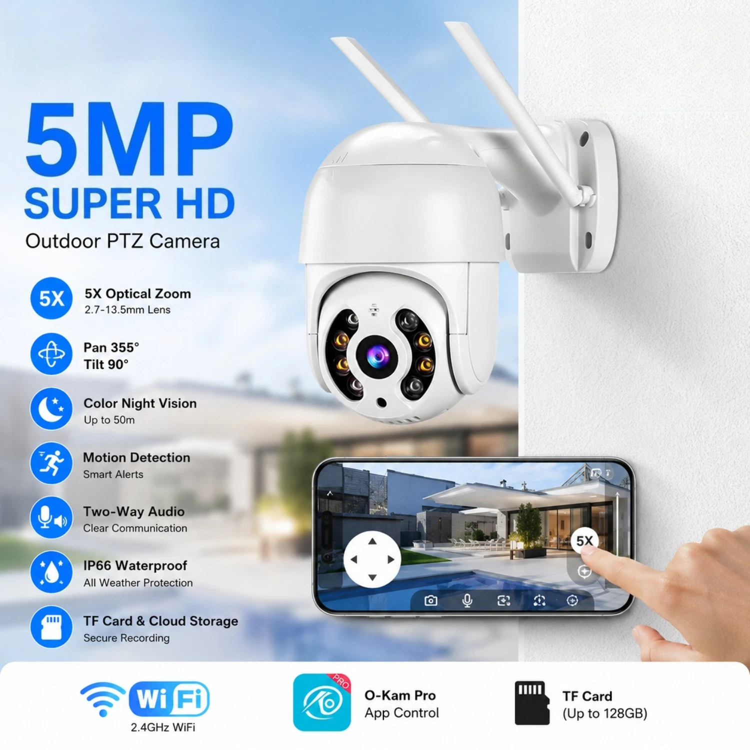 

5MP HD WIFI IP PTZ Camera Auto Tracking 3MP Speed Dome Camera Smart Home Outdoor Wireless Surveillance Cameras O-Kam Pro