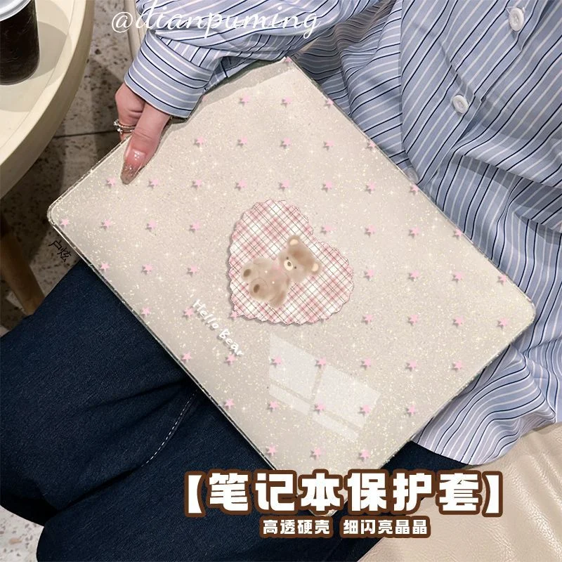 Cute pPink Star Checkered Teddy Bear Laptop case For Macbook Neo13 A3404 New Air Pro 13 14 15 16 M1 M2 M3 M4 M5 Chip Cover