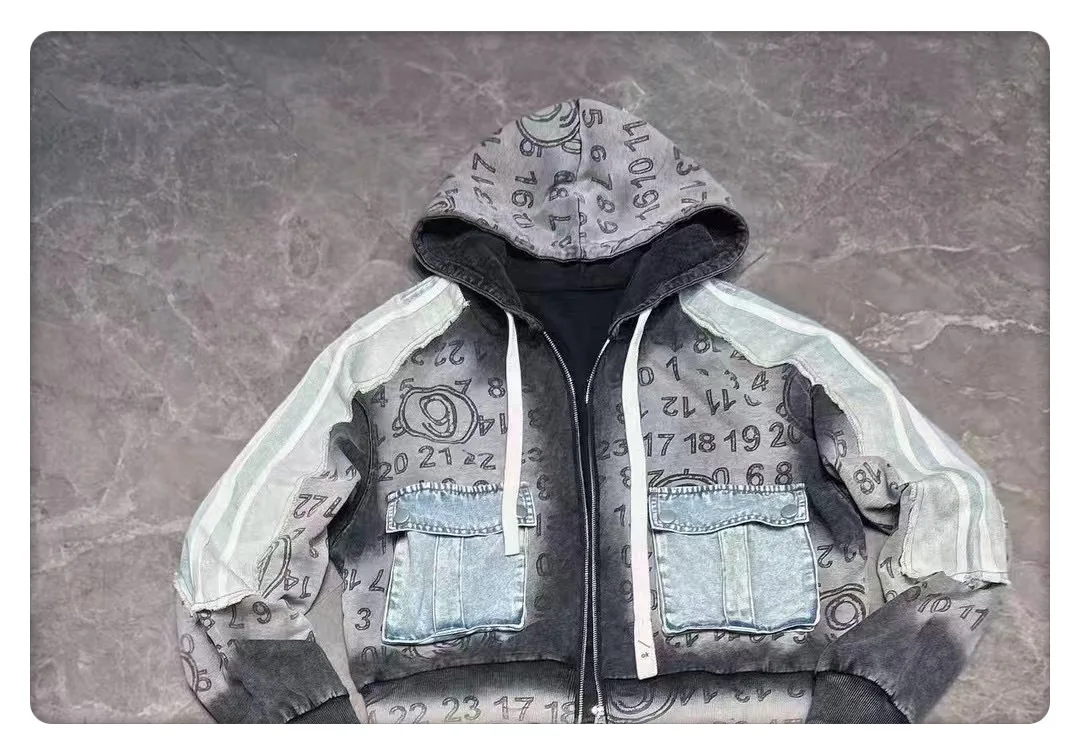 European Style Women's Jacket 2025 Autumn New Heavy Letter Print Patchwork Washed Denim Striped Hooded Jacket Trendy Coat