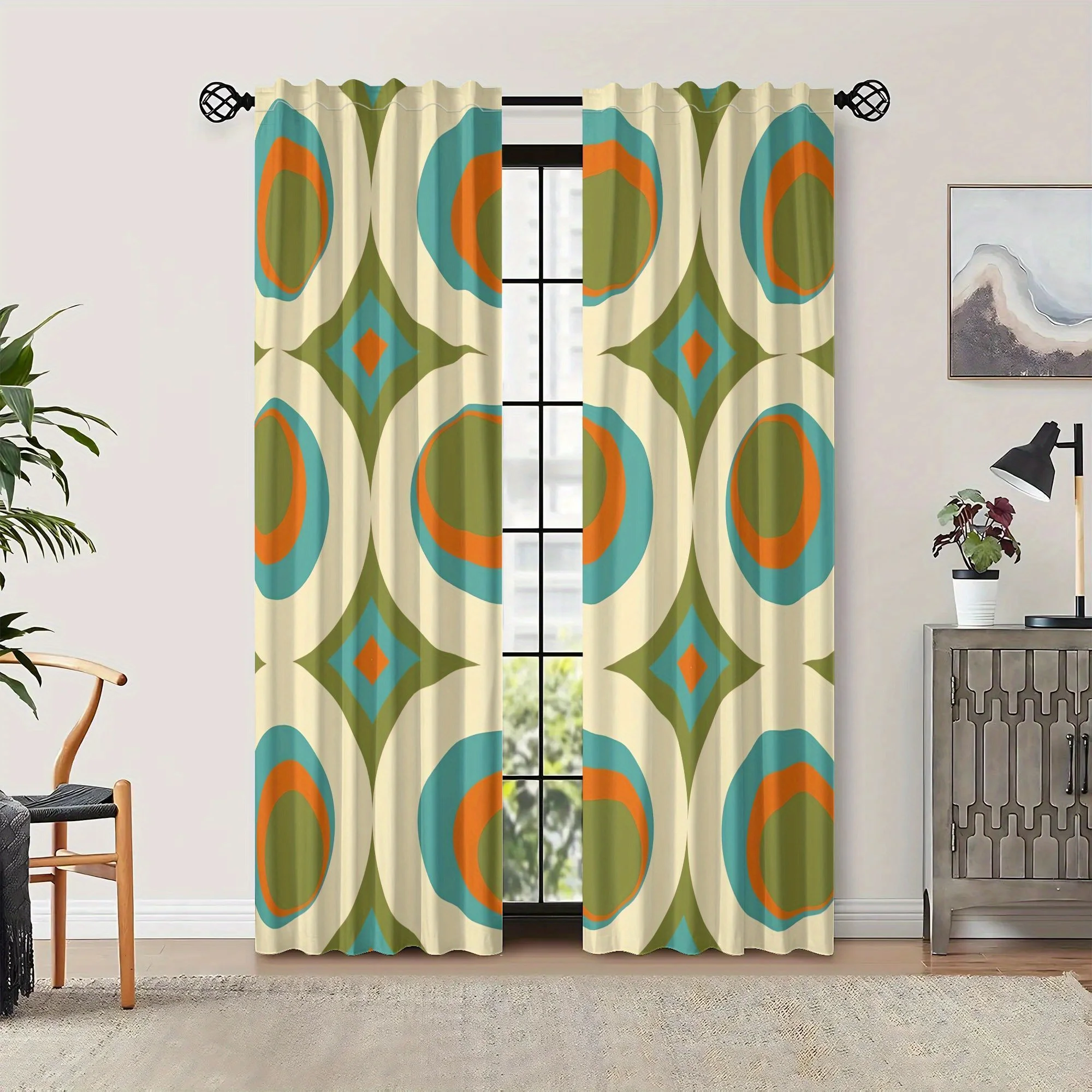 Stylish Geometric Modern Abstract Pattern Curtains Beige Olive Orange Boho Design Window Panels Pair for Living Room Bedroom Dec