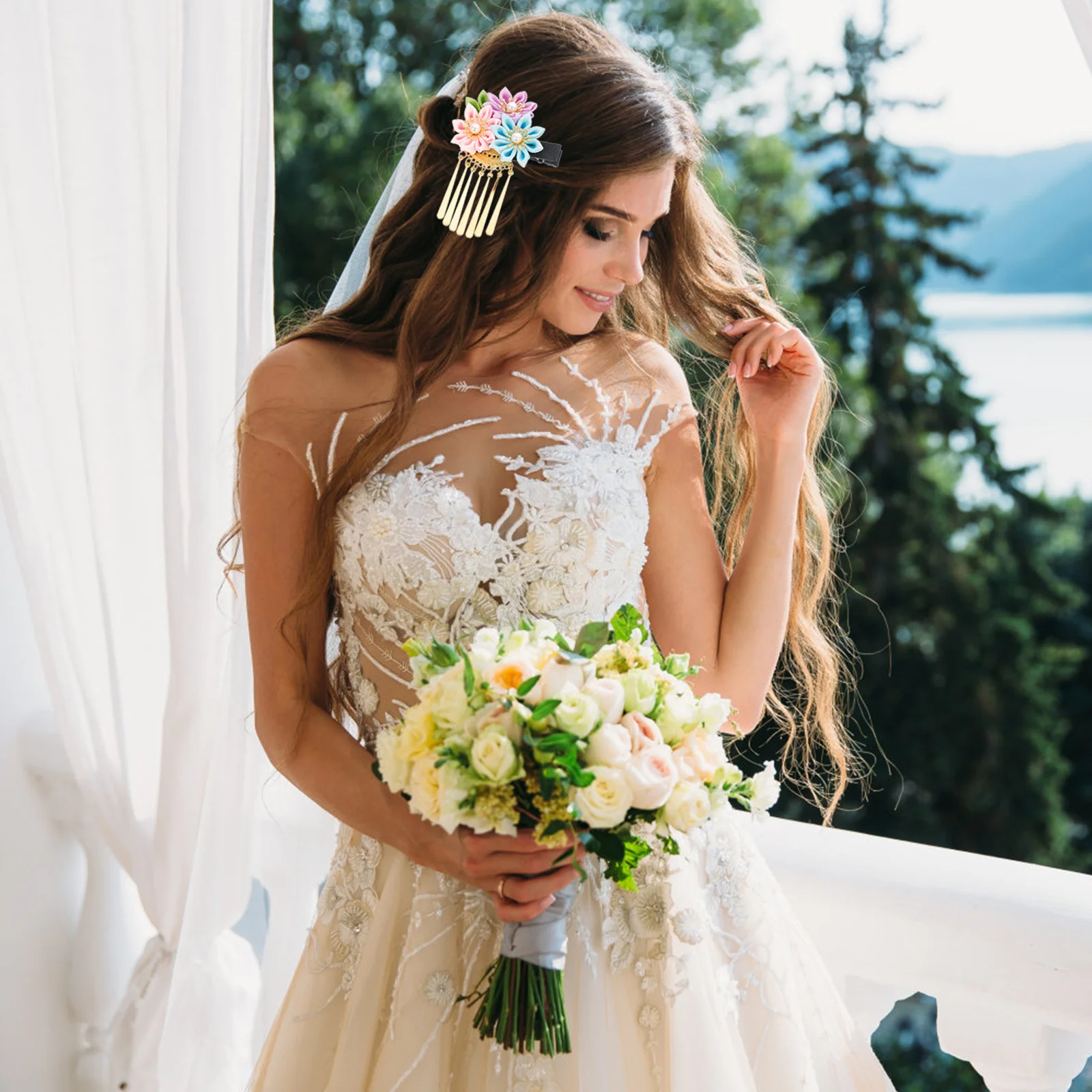和風バレッタフラワーヘアクリップタッセルヘアピン結婚式ブライダルヴィンテージ着物ヘアグリップ装飾