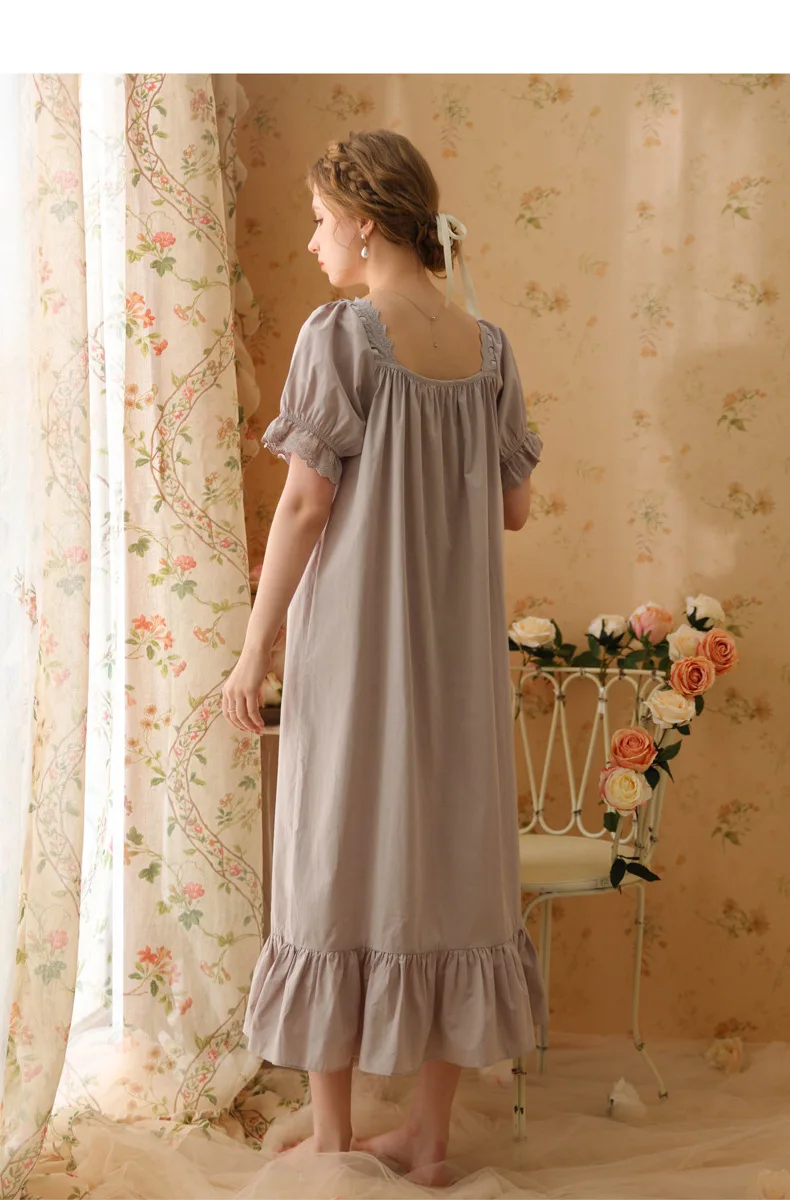 Camisola vitoriana vintage feminina, manga longa, vestido noturno Lolita, pijamas princesa, loungewear bordado com renda palácio