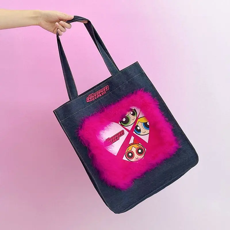 Powerpuff Girls Plush Denim Canvas Shoulder Bag High-Looking Large Capacity Hot Girl Fashion Versatile Tote Bag for Women