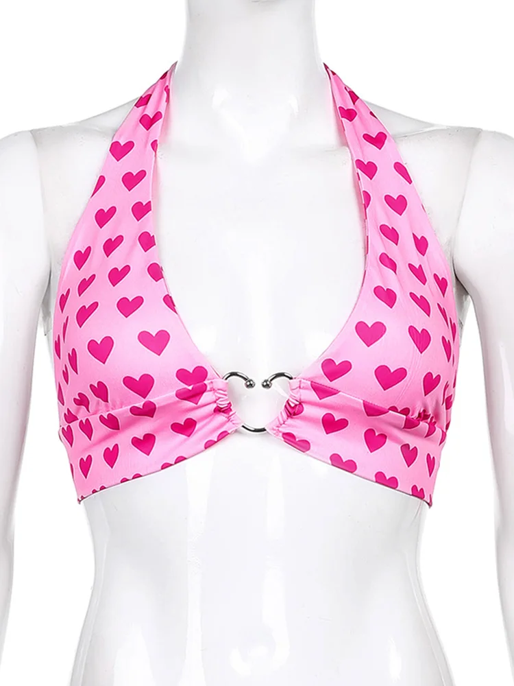 2025 Pink Heart Print Cute Bustier Crop Top Women Aesthetic Kawaii Clothes Sleeveless Backless Lace Up Bralette Camisole