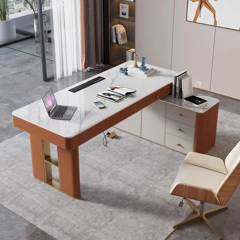 

Легкий роскошный письменный стол из каменной плиты, седло из кожи, современный простой угловой компьютерный стол из цельного дерева