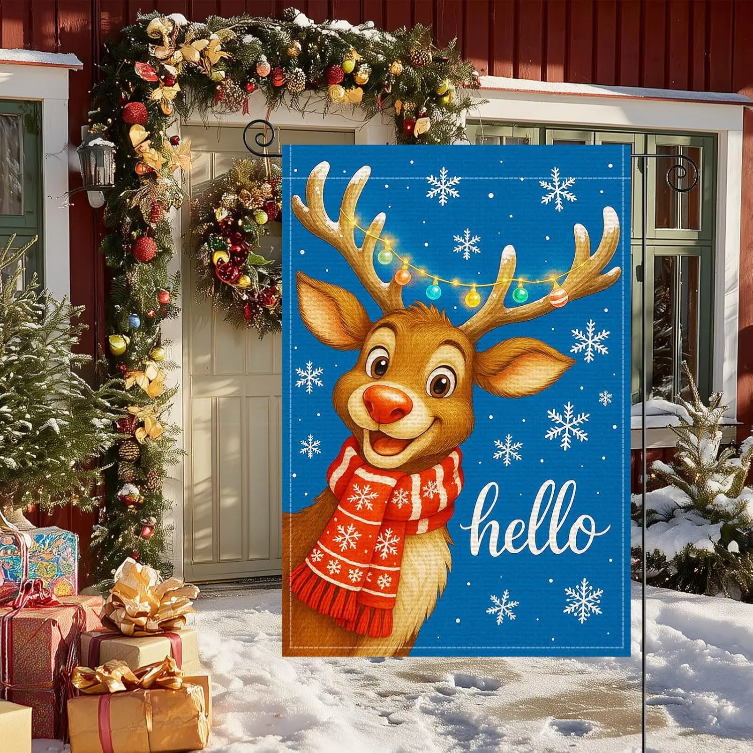 Hello Winter Garden Flag Double Sided 12x18 Inch Burlap Holiday Garden Flag Reindeer with Scarf Snowflakes and Blue Backgrou PPM