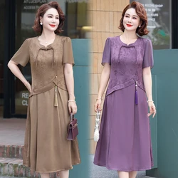 Middle-aged Woman Cheongsam Collar Casualsilk & Chiffon Dress Women Short Sleeve retro Womens Dress Patchwork Midi Dresses