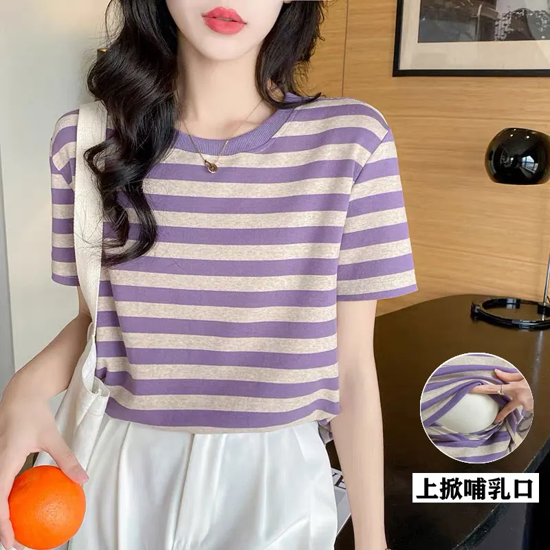 2026 Summer Spicy Mom Breastfeeding Top Short Sleeved Round Neck Nursing Shirts Postpartum Woman Lactation Tees Cotton T-Shirt